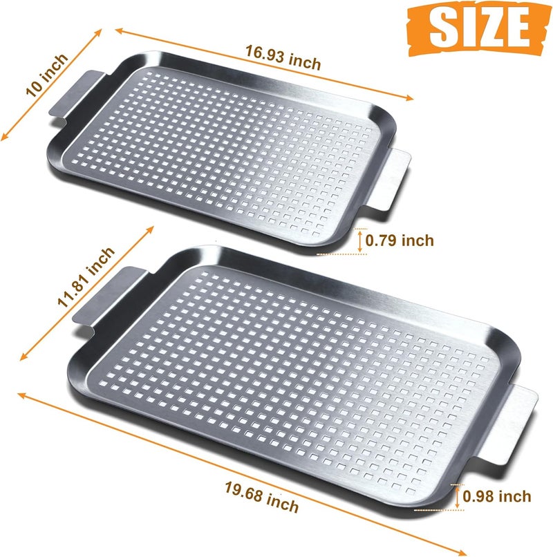 CookTime Grill Pan Set of 2, BBQ Grill Topper for Outdoor Grill, Stainless Steel Grilling Baskets with Holes and Handles, Perforated Food Tray Barbecue Accessories for Vegetable, Fish, Large - Image 4
